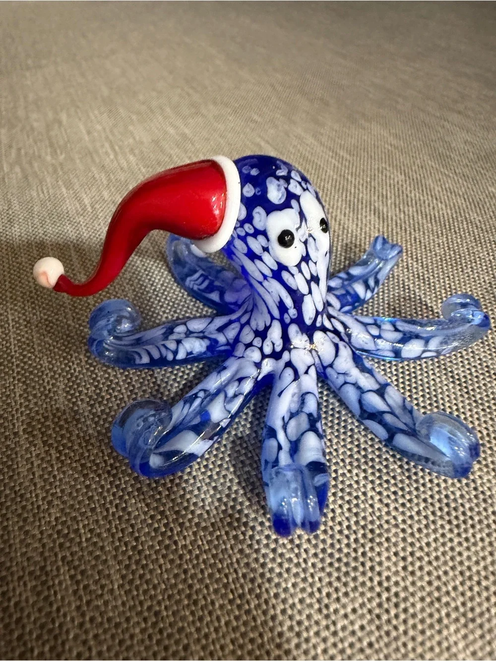 Pier 1 Blue and White Glass Octopus with Red Santa Hat